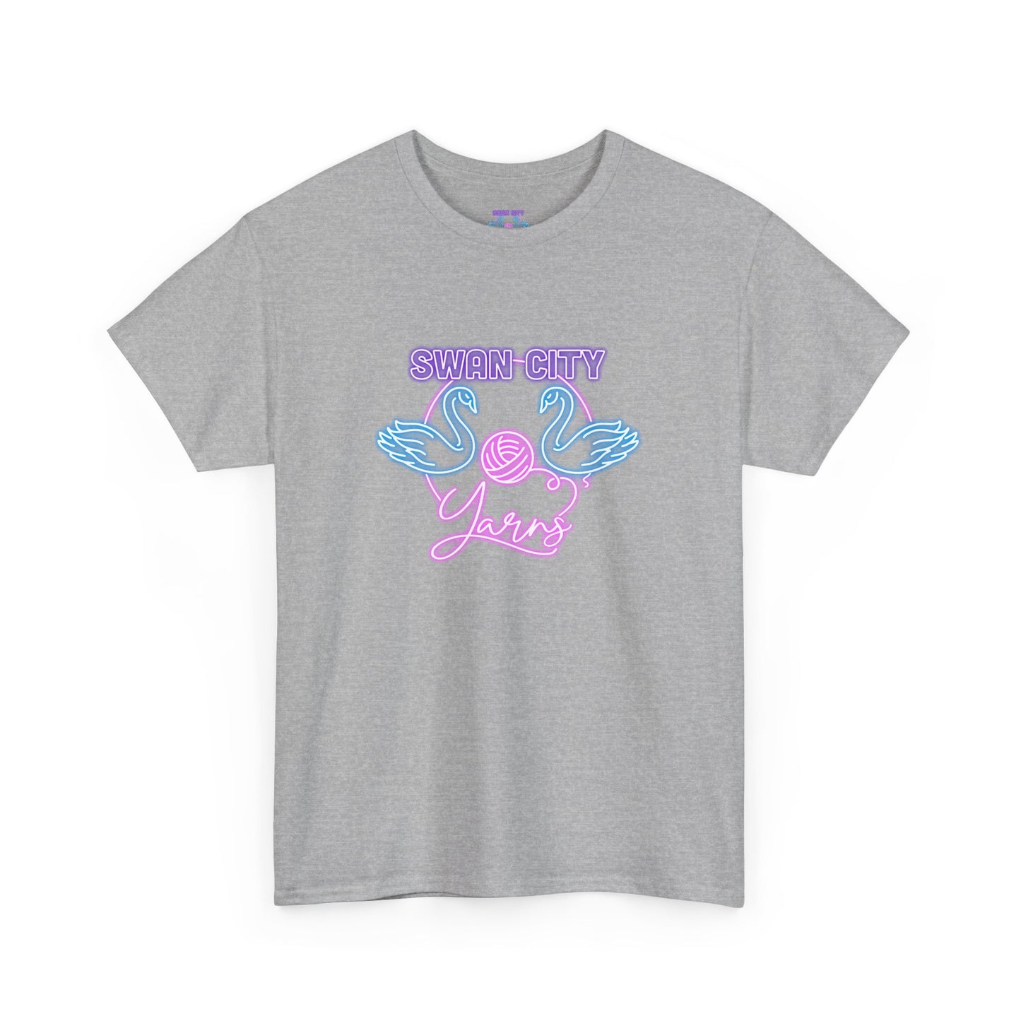 Swan City Yarns Unisex Heavy Cotton Tee - Vibrant Red with Neon Flamingo Design