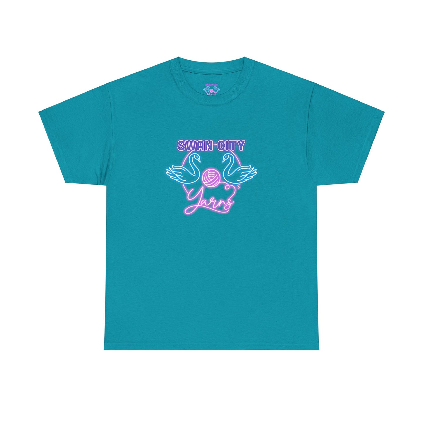 Swan City Yarns Unisex Heavy Cotton Tee - Vibrant Red with Neon Flamingo Design
