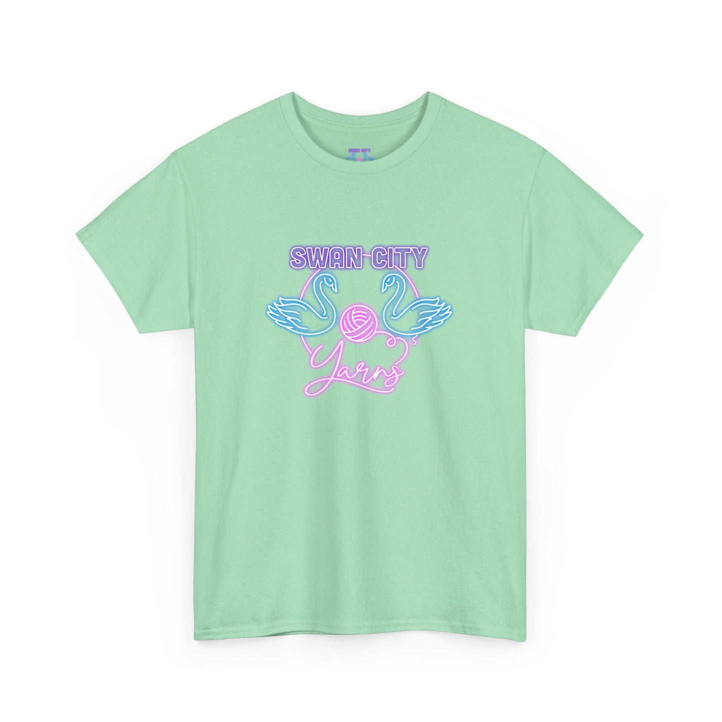 Swan City Yarns Unisex Heavy Cotton Tee - Vibrant Red with Neon Flamingo Design