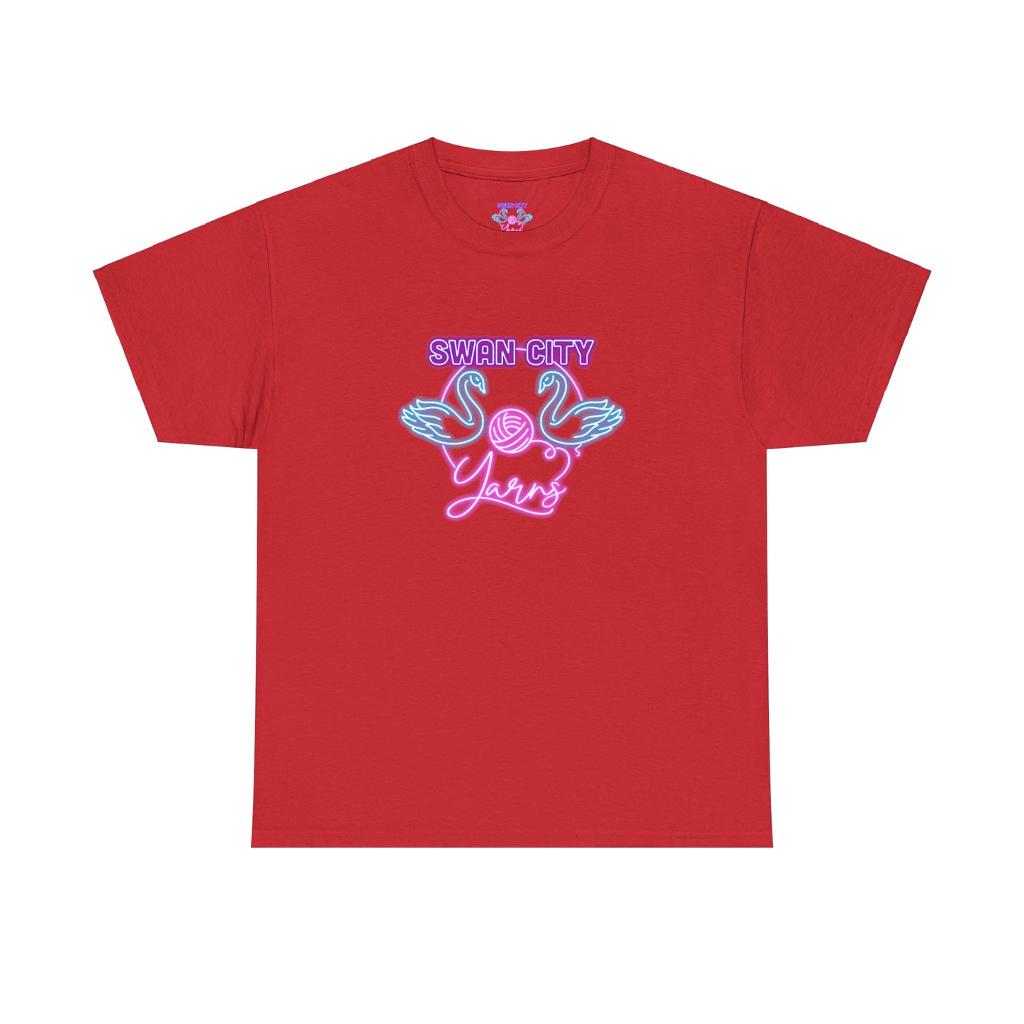 Swan City Yarns Unisex Heavy Cotton Tee - Vibrant Red with Neon Flamingo Design