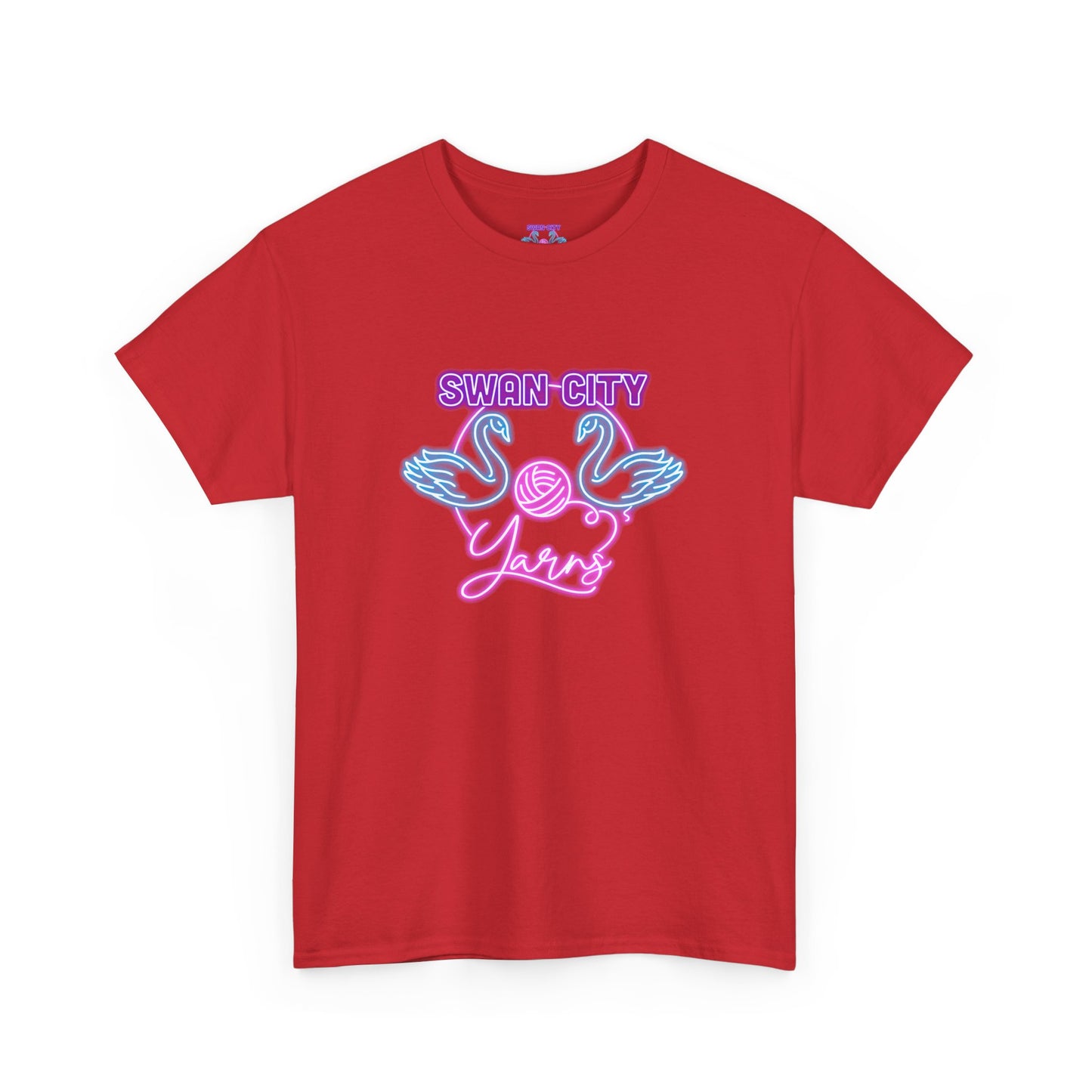 Swan City Yarns Unisex Heavy Cotton Tee - Vibrant Red with Neon Flamingo Design