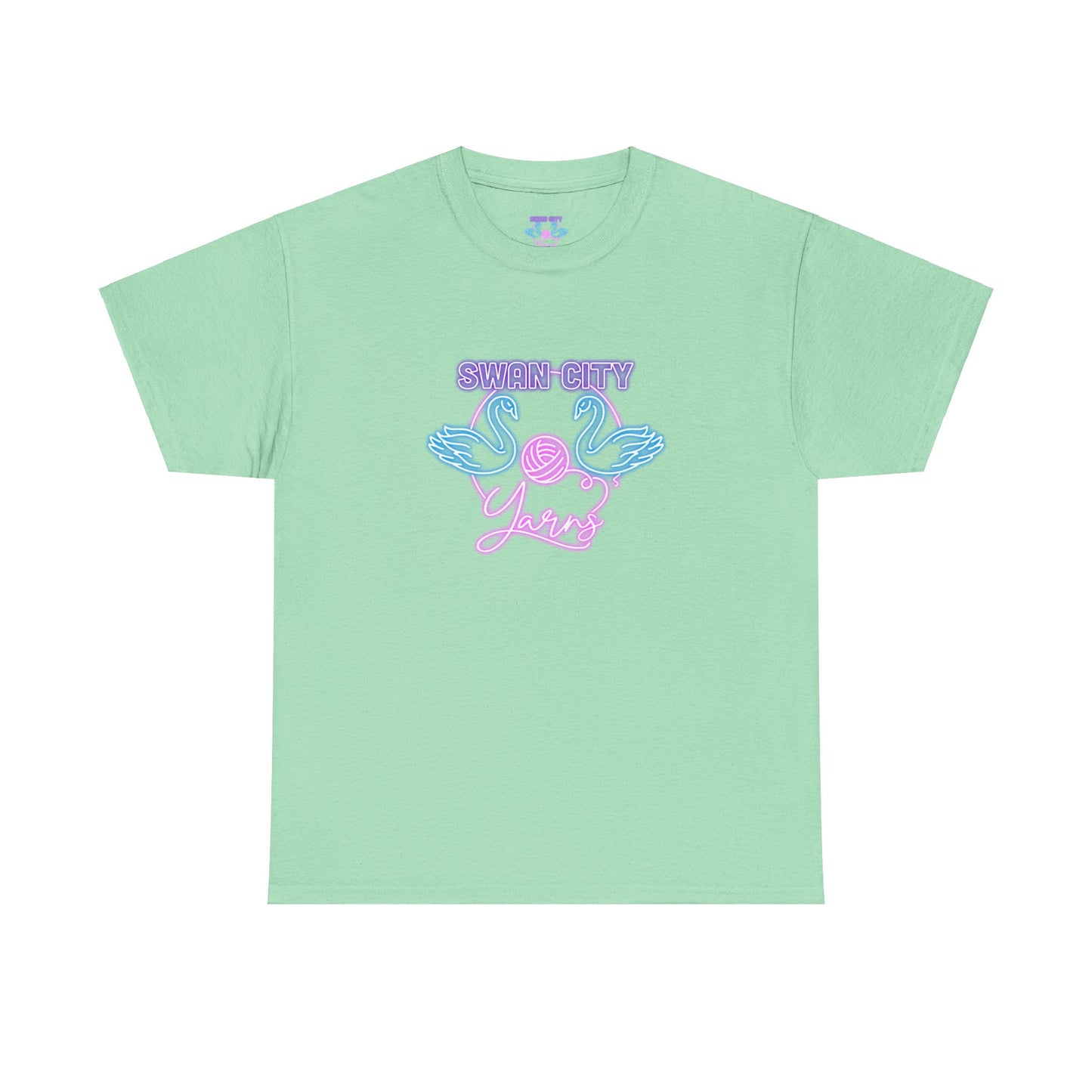 Swan City Yarns Unisex Heavy Cotton Tee - Vibrant Red with Neon Flamingo Design