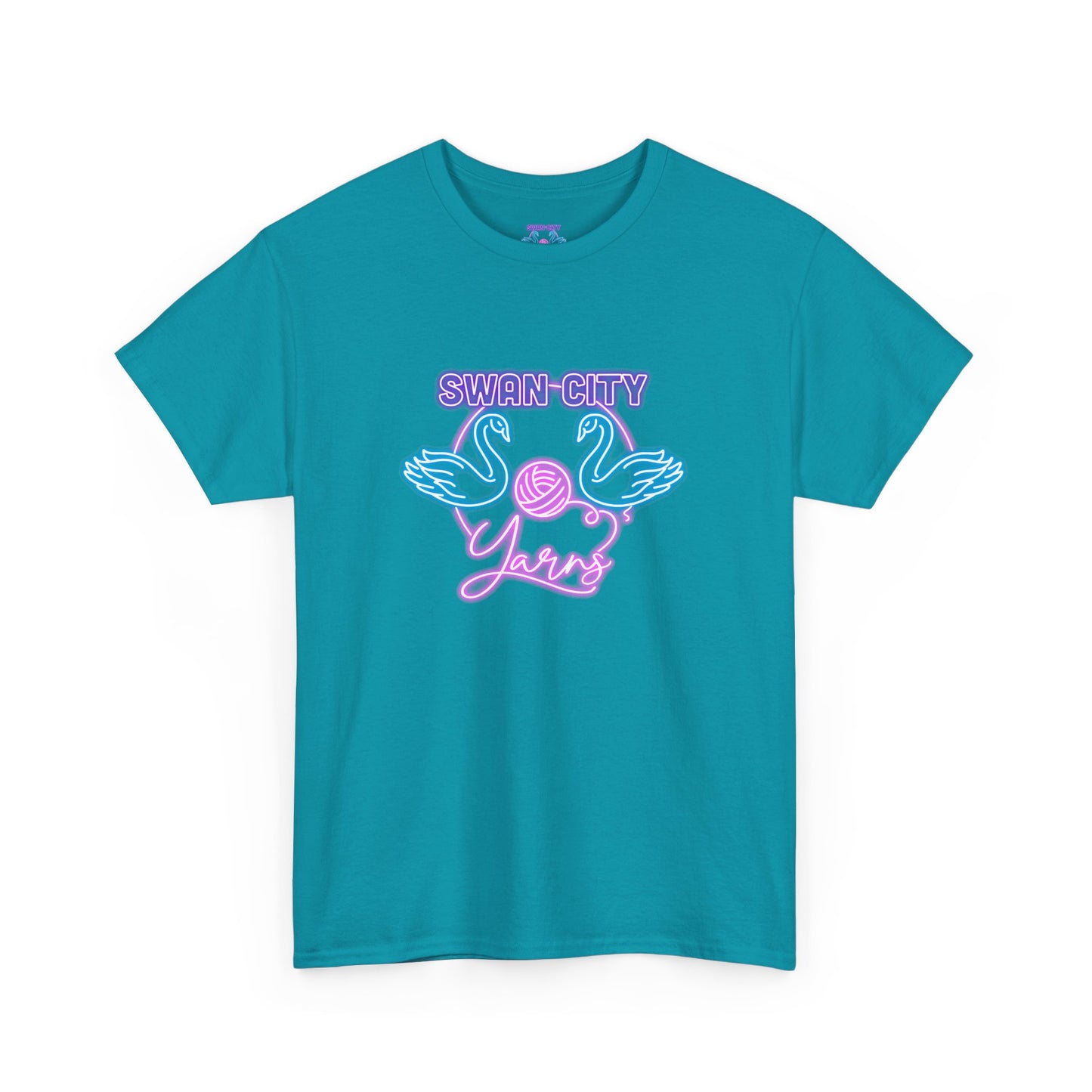 Swan City Yarns Unisex Heavy Cotton Tee - Vibrant Red with Neon Flamingo Design