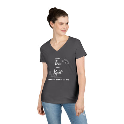 Knitting Tee — "I Drink Tea and I Knit - That's What I Do" V-Neck Shirt for Knitters