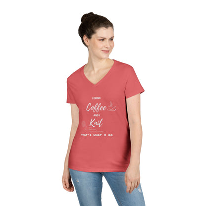 Coffee and Knit V-Neck Tee — "I Drink Coffee and I Knit - That's What I Do" Ladies' Shirt