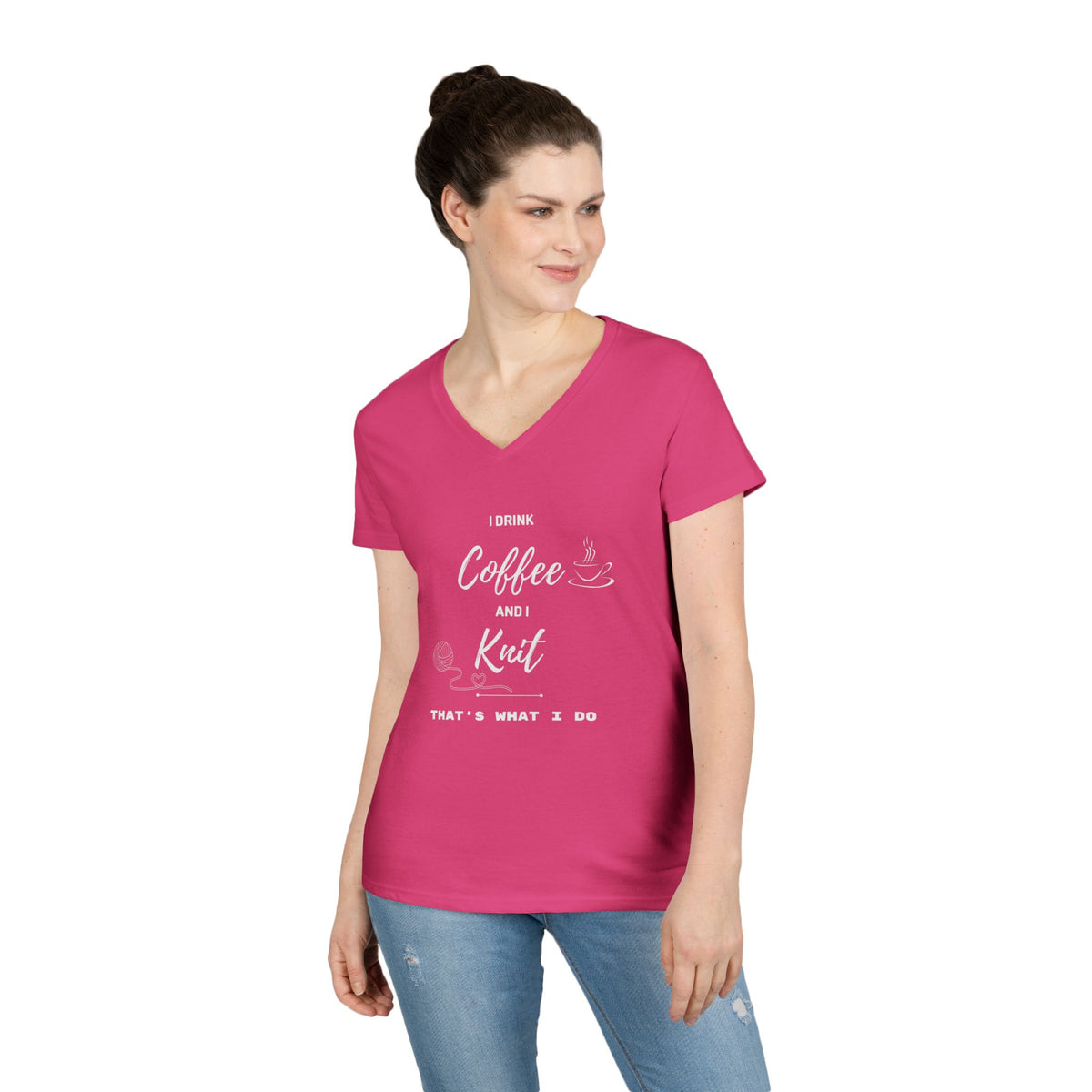 Coffee and Knit V-Neck Tee — "I Drink Coffee and I Knit - That's What I Do" Ladies' Shirt
