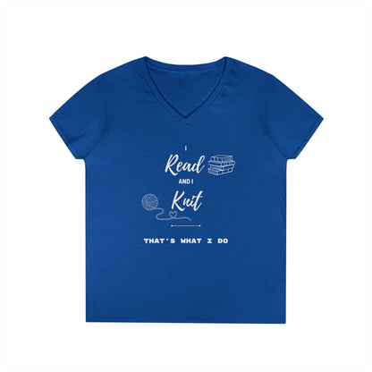 Reading & Knitting V-Neck Tee — "I Read and I Knit - That's What I Do" Graphic Shirt for Book Lovers & Crafters