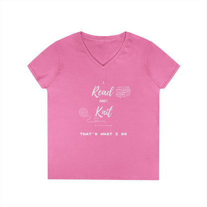 Reading & Knitting V-Neck Tee — "I Read and I Knit - That's What I Do" Graphic Shirt for Book Lovers & Crafters