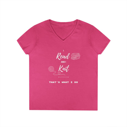 Reading & Knitting V-Neck Tee — "I Read and I Knit - That's What I Do" Graphic Shirt for Book Lovers & Crafters