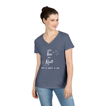 Knitting Tee — "I Drink Tea and I Knit - That's What I Do" V-Neck Shirt for Knitters