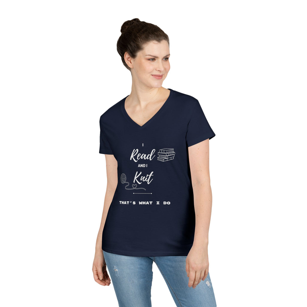 Reading & Knitting V-Neck Tee — "I Read and I Knit - That's What I Do" Graphic Shirt for Book Lovers & Crafters