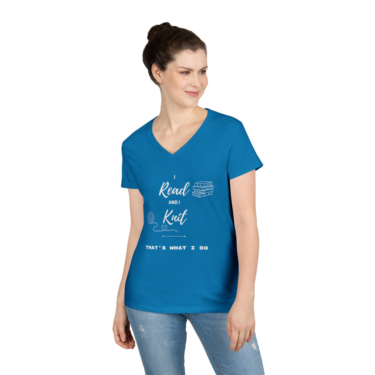 Reading & Knitting V-Neck Tee — "I Read and I Knit - That's What I Do" Graphic Shirt for Book Lovers & Crafters