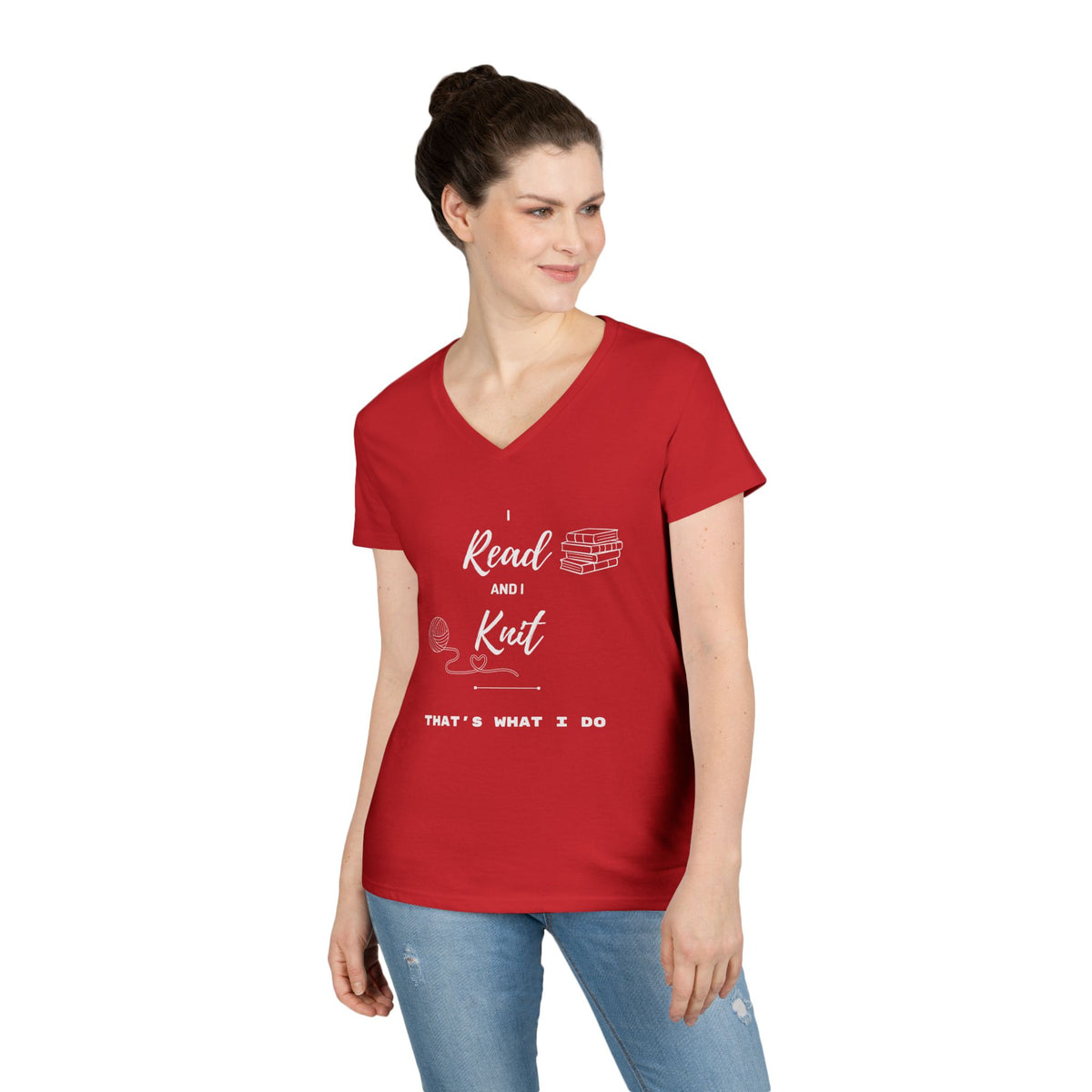 Reading & Knitting V-Neck Tee — "I Read and I Knit - That's What I Do" Graphic Shirt for Book Lovers & Crafters