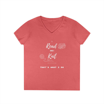 Reading & Knitting V-Neck Tee — "I Read and I Knit - That's What I Do" Graphic Shirt for Book Lovers & Crafters
