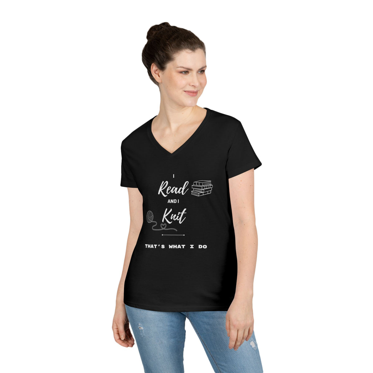 Reading & Knitting V-Neck Tee — "I Read and I Knit - That's What I Do" Graphic Shirt for Book Lovers & Crafters