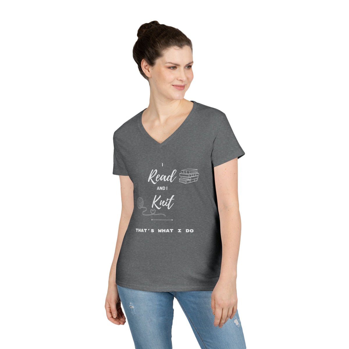 Reading & Knitting V-Neck Tee — "I Read and I Knit - That's What I Do" Graphic Shirt for Book Lovers & Crafters