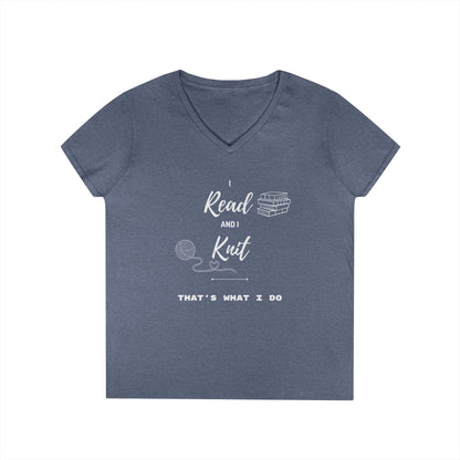 Reading & Knitting V-Neck Tee — "I Read and I Knit - That's What I Do" Graphic Shirt for Book Lovers & Crafters