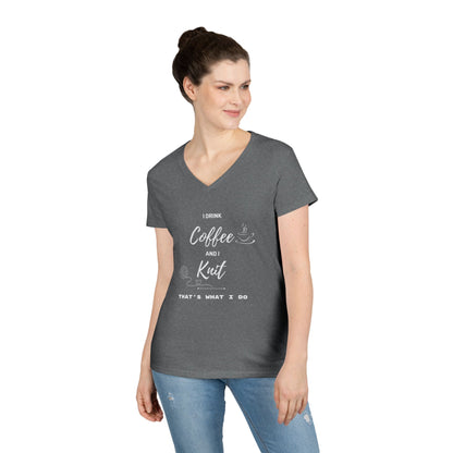 Coffee and Knit V-Neck Tee — "I Drink Coffee and I Knit - That's What I Do" Ladies' Shirt