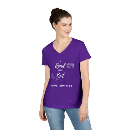 Reading & Knitting V-Neck Tee — "I Read and I Knit - That's What I Do" Graphic Shirt for Book Lovers & Crafters