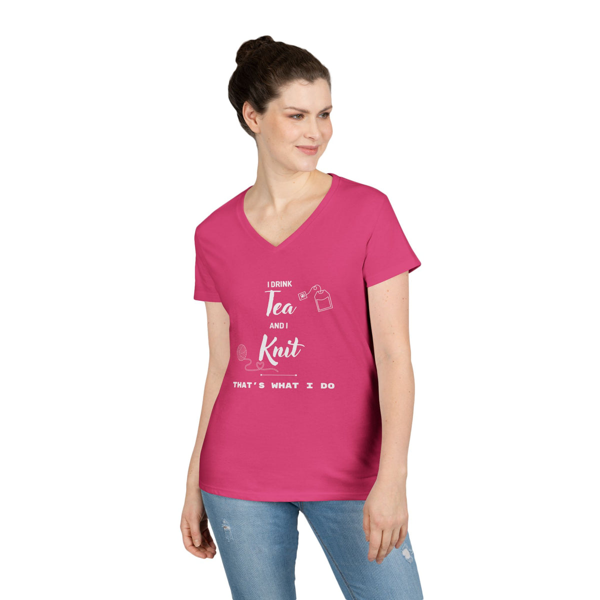 Knitting Tee — "I Drink Tea and I Knit - That's What I Do" V-Neck Shirt for Knitters