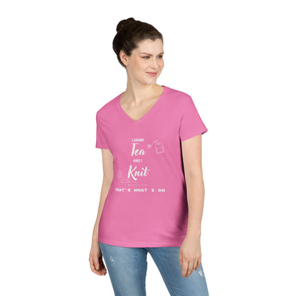 Knitting Tee — "I Drink Tea and I Knit - That's What I Do" V-Neck Shirt for Knitters