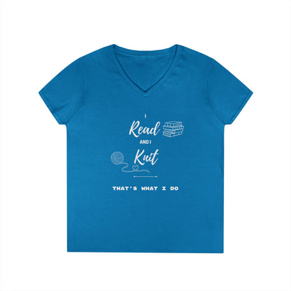 Reading & Knitting V-Neck Tee — "I Read and I Knit - That's What I Do" Graphic Shirt for Book Lovers & Crafters